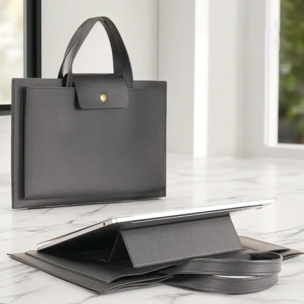 13-14/15-16 Inch Carrying Laptop Pouch Wear-resistant Leather Notebook Stand Handbag Foldable for MacBook/Huawei/Lenovo/HP/Dell