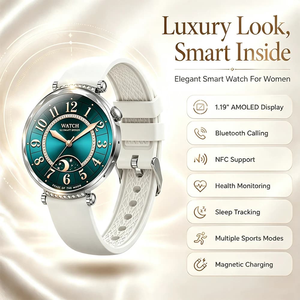 2026 Luxury Diamond-cut Ladies Smart Watch AMOLED Screen Bluetooth Call NFC Women Health Tracker Waterproof Fitness Smartwatch