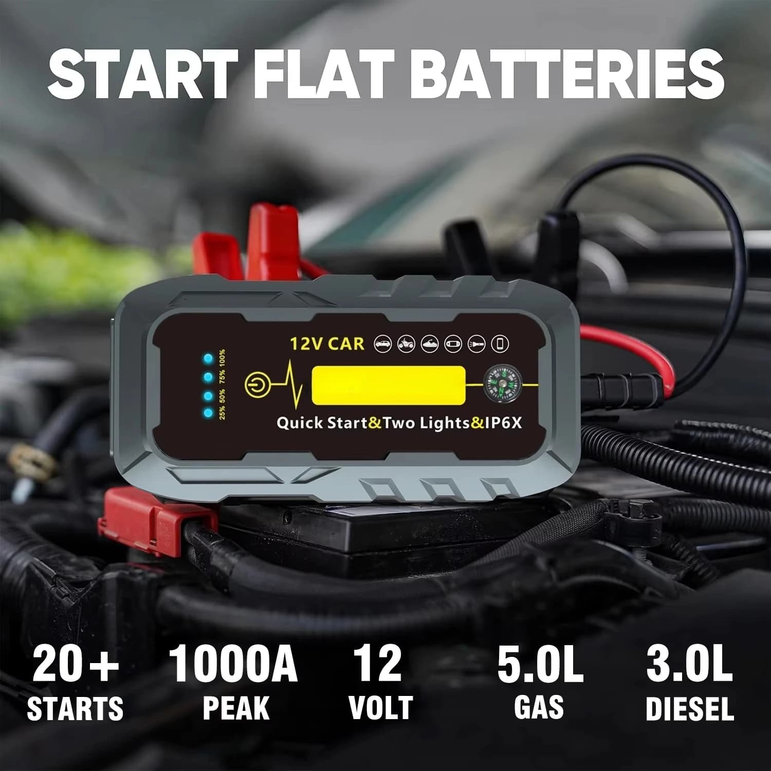 Avviatore di Emergenza Portatile 12V con Corrente di Picco 1000A, Batteria di Emergenza per Auto, Power Bank per Avviamento Auto