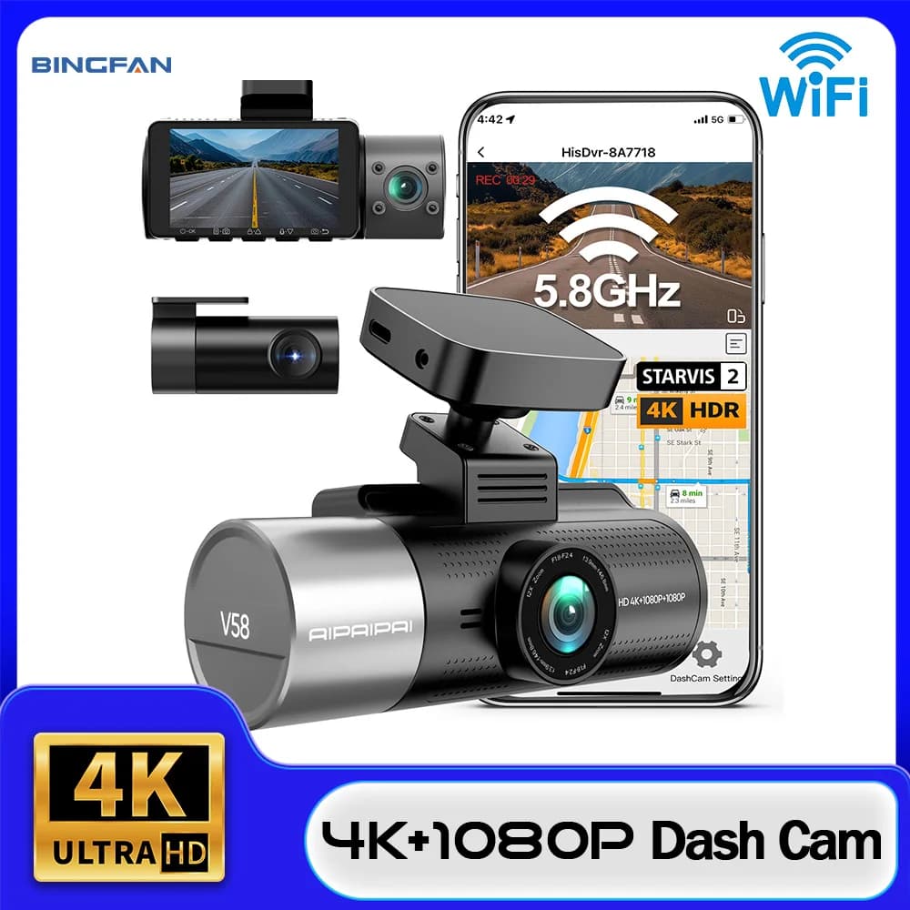 Dash Cam 4K per Auto con WIFI Integrato, GPS, Visione Notturna, Monitoraggio Parcheggio 24h, DVR per Auto, Telecamera Frontale