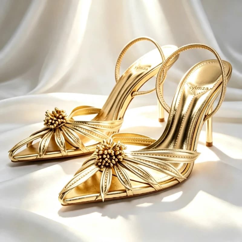 Sandali con Tacco a Spillo da Donna con Dettagli Floreali Dorati, Design Unico Effetto Laminato, Punta Affusolata, Eleganti Scarpe da Festa