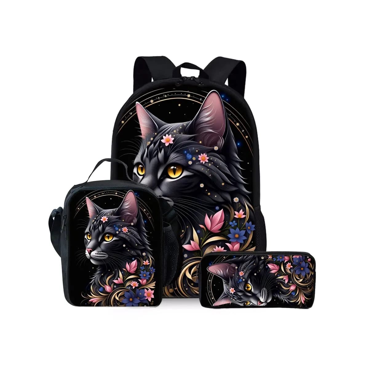 Set di Tre Zaini con Stampa di Gatto Nero e Fiori per Ragazzi e Ragazze, Miglior Regalo, Borsa Scolastica 2D Piatta con Cartoni Animati per Bambini
