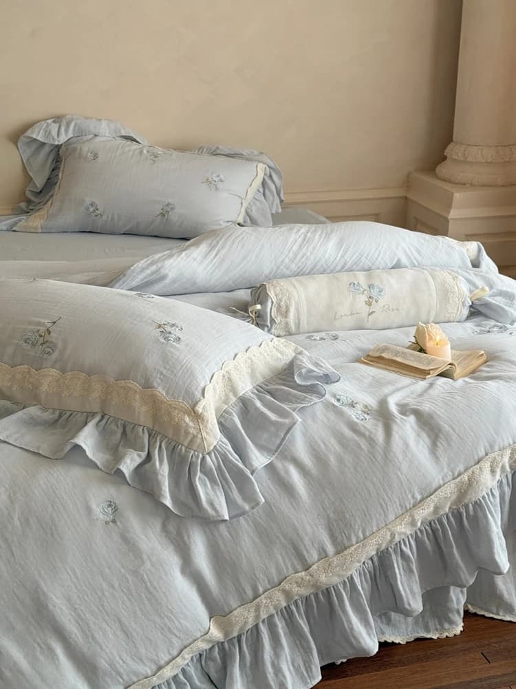 Soft Double Layer Bed Linen Set with Volant, French Style with Lace Embroidery, Copripiumin and Girls Bed Linen Set
