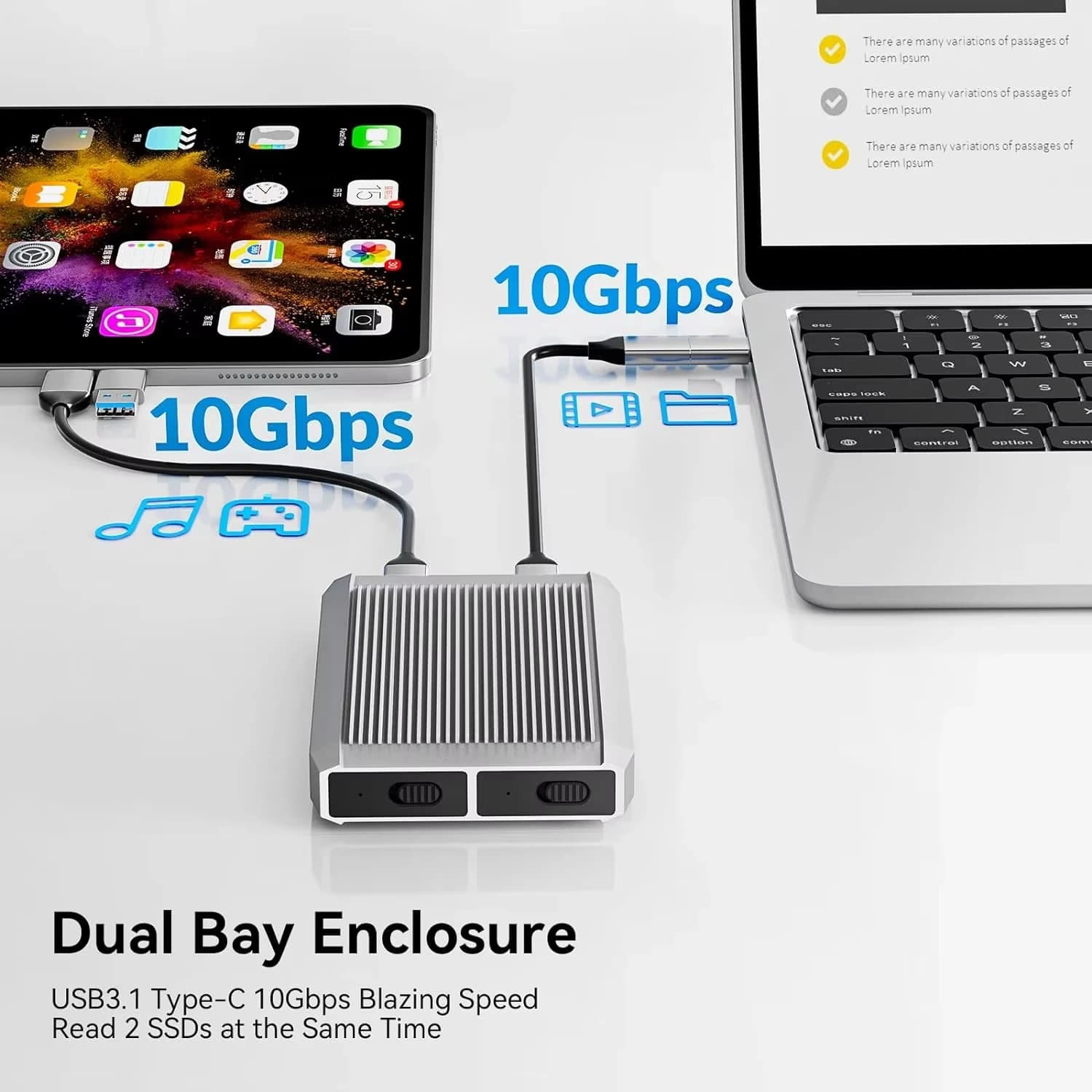 Yottamaster Custodia SSD da 10 Gbps Strumento gratuito Dual Bay M.2 NVMe 2 alloggiamenti USB3.2 Tipo C NVMe PCIE 6 Gbps SATA Custodia per disco rigido esterno