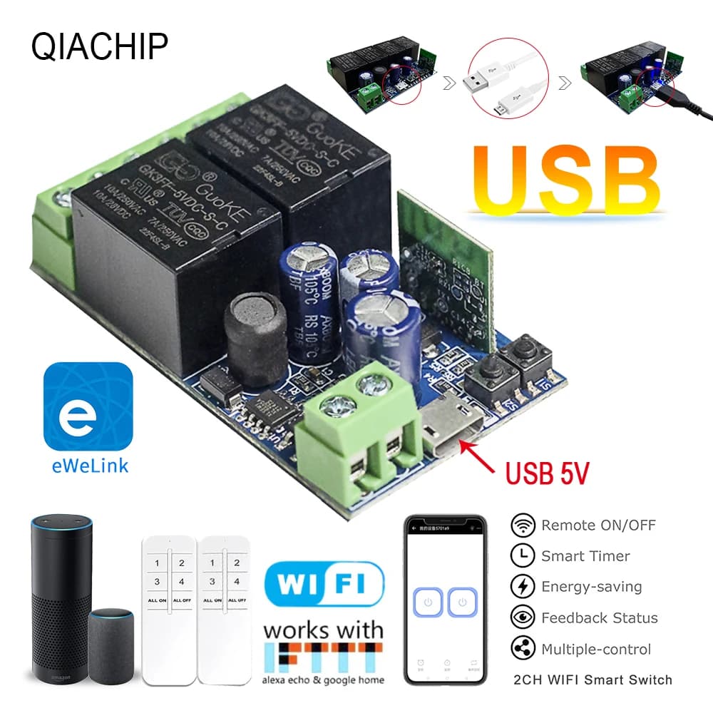 Interruttore Intelligente WiFi QIACHIP 10A DC 7-48V USB 5V 2 CH 2.4G RC con App eWelink, Adatto per Motori di Tende, Porte del Garage, Luci LED