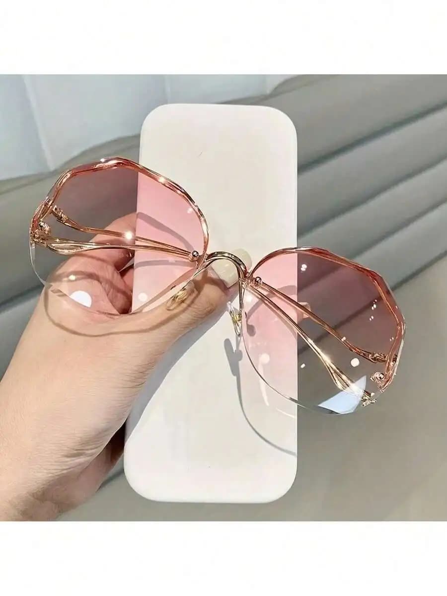 Fashion Frameless Square Glasses Suitable Women And Men-Gradient Lens Metal Frame With Curved Ear, Lightweight And Durable