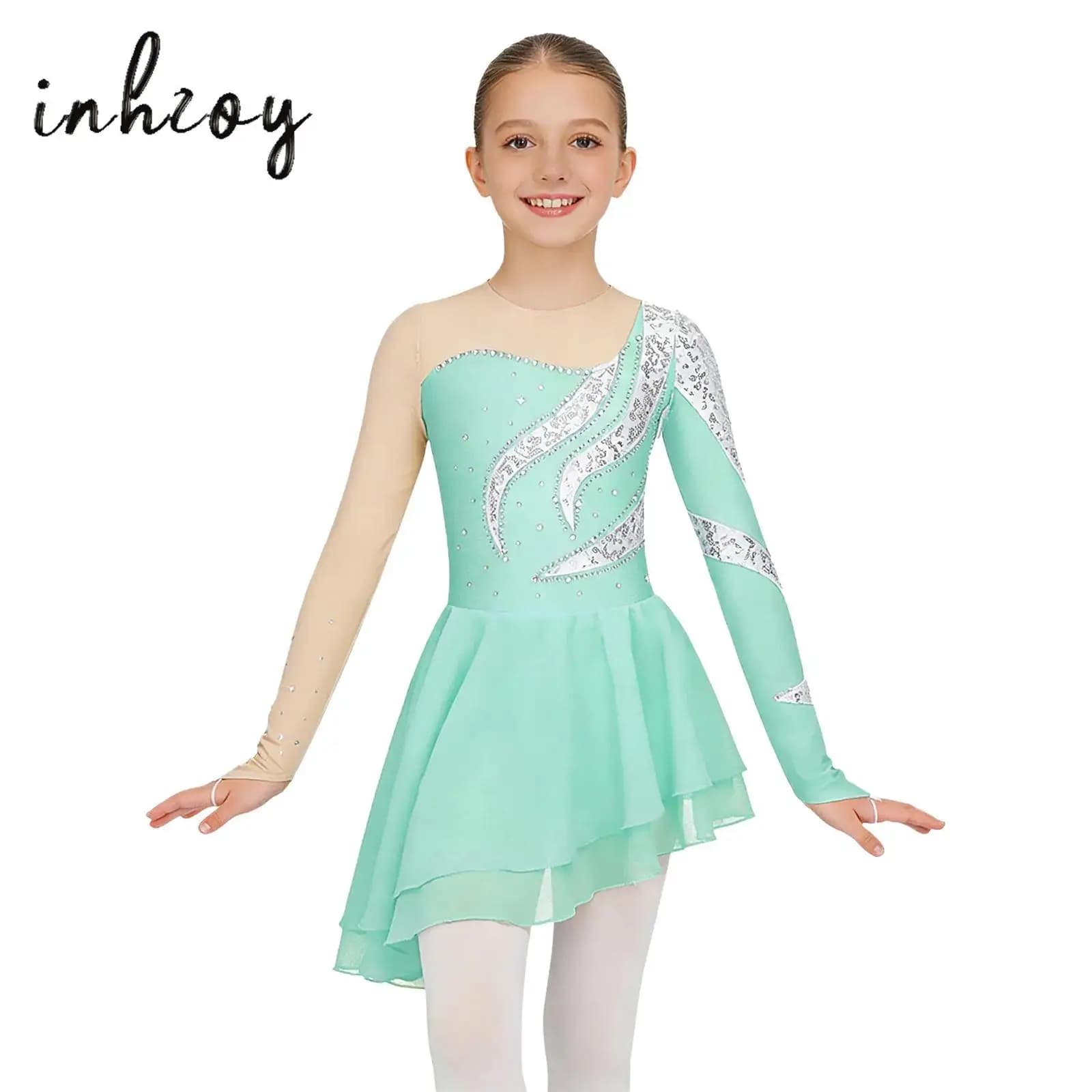 Vestito da ballo per balletto per bambina, con paillettes lucide, manica lunga, orlo in chiffon asimmetrico, body, ginnastica, pattinaggio di figura, abbigliamento da ballo