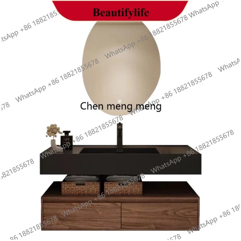 F185 Mobiletto da bagno combinato Lavabo da bagno Lavabo integrato in roccia Vanity Specchio intelligente Angolo portaoggetti Mobili per la casa in legno