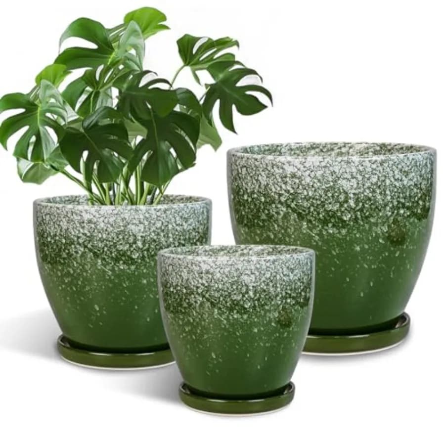 Set of 3 Ceramic Vases - 10 Inches, 8 Inches, 6 Inches, Interior and Exterior Plant Vases, Round and Decorative with Draining Holes