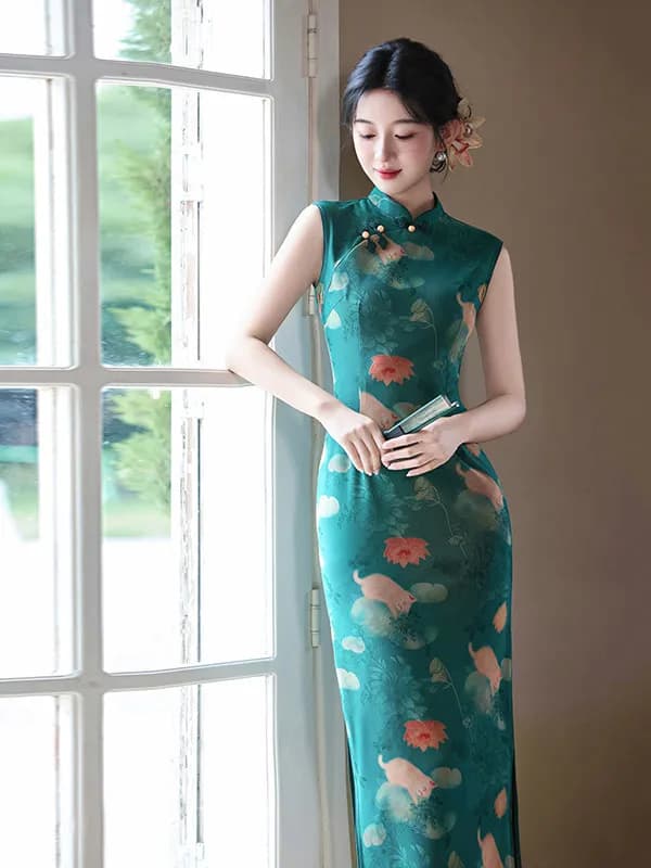 New Chinese Style Long Sleeveless Waist-Cut Young Women's Daily Workwear Breathable Floral Patterned Summer Dress