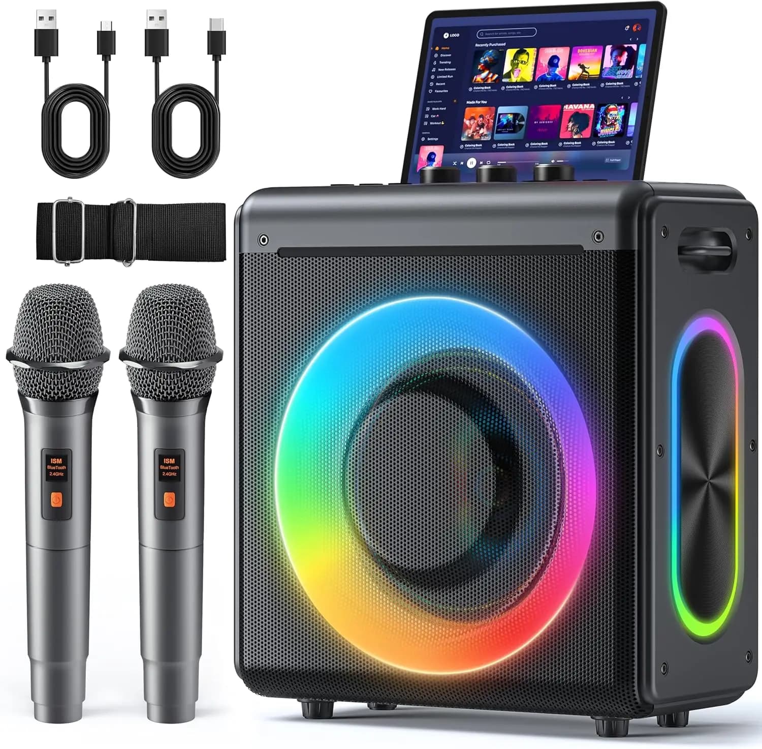 Macchina per Karaoke Portatile con 2 Microfoni Wireless, Altoparlante Bluetooth 5.3, 200W di Potenza di Picco, Luci LED, TWS, TF/USB/AUX, per Feste in Casa