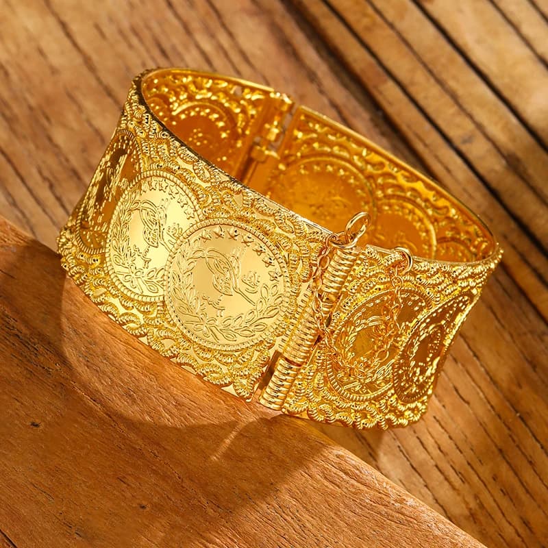 LUIZADA Bracciali Placcati Oro da Sposa, Bracciali Aperti da Donna, Gioielli Marocchini con Monete Reali, Bracciali di Lusso Arabi