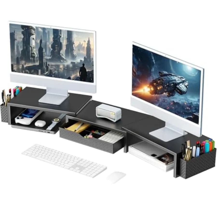 Supporto per Doppio Monitor con Organizzatore da Scrivania, Cassetto e 2 Portapenne, Ripiano per Monitor da Scrivania