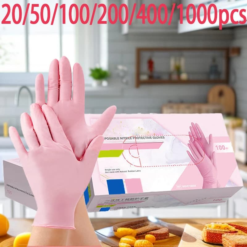 Guanti per pulizia monouso in nitrile rosa 20/50/100/200/400/1000 pezzi, adatti per tintura dei capelli, saloni di bellezza, guanti da cucina