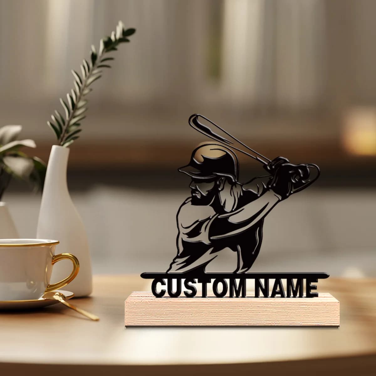 1 pz. Nuovo Design Personalizzato: Arte Metallica da Baseball con Base in Legno, Decorazione da Tavolo e da Appendere in Metallo e Legno per la Cameretta