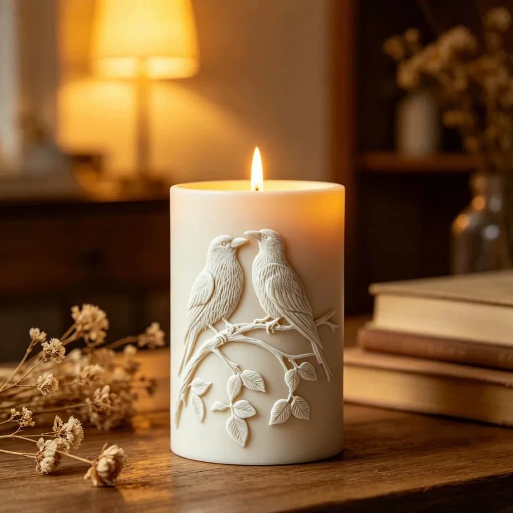 Stampo in silicone cilindrico 3D a rilievo con due uccelli su un ramo, stampo per decorazioni in gesso, flessibile per decorazioni di caffetterie e candele profumate