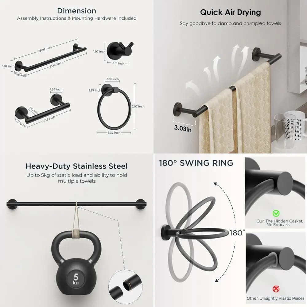 24 Set portasciugamani in acciaio inossidabile nero opaco, accessori hardware da bagno a parete in 4 pezzi