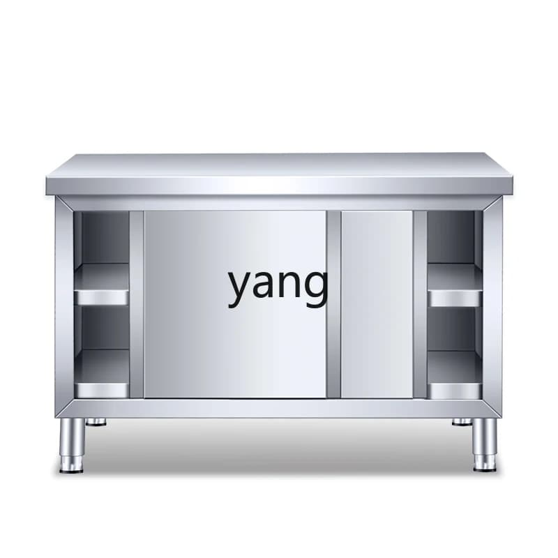 LMM extra thick stainless steel workbench kitchen locker cutting table with sliding door chopping board commercial
