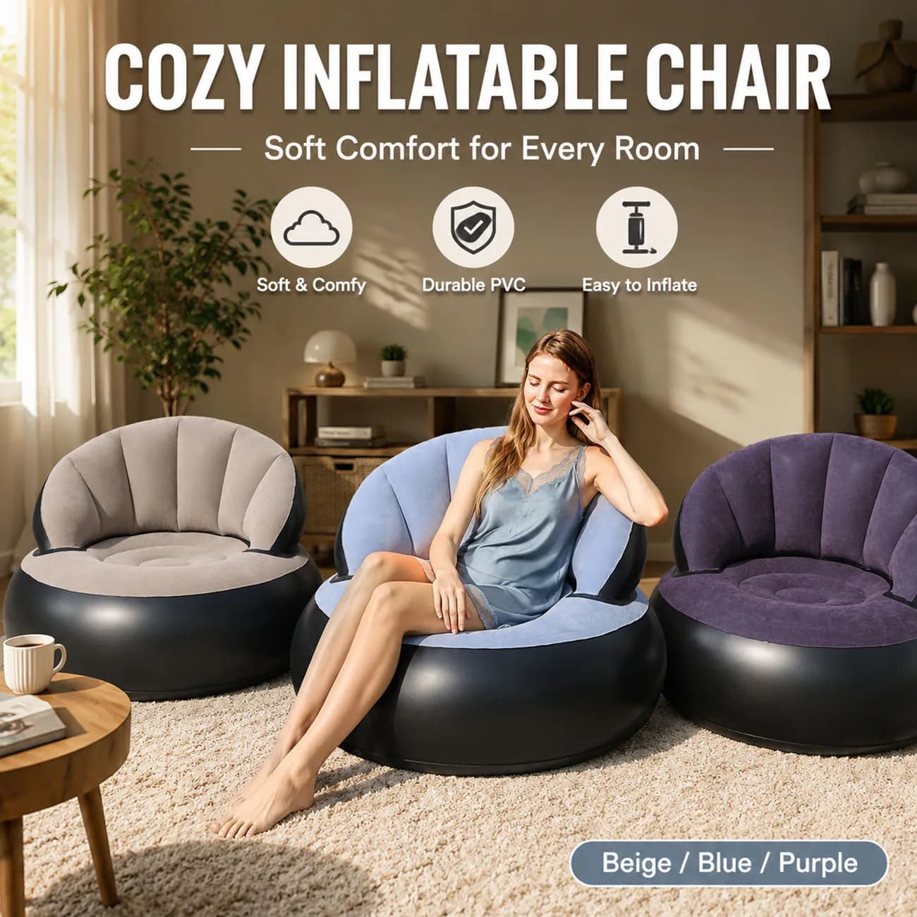 Inflatable Chair for Adults, Flocking Comfortable Lounge Chair, Ergonomic Portable Blow Up Couch for Family Gatherings, Party