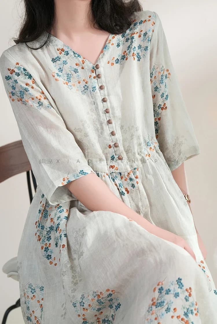 Women's Summer Dress 2025 Print Long Elegant Clothing Vintage Elastic Waist Korean Style Beach Neckline V Fashion Robe Ropa De Mujer