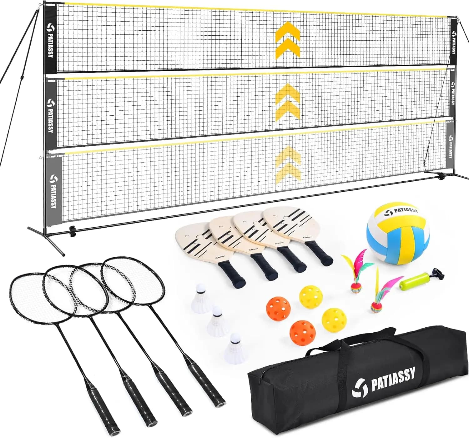 Set Rete Regolabile 3-in-1 per Pallavolo, Badminton e Pickleball, Portatile con Borsa e Racchette per Sport Indoor e Outdoor