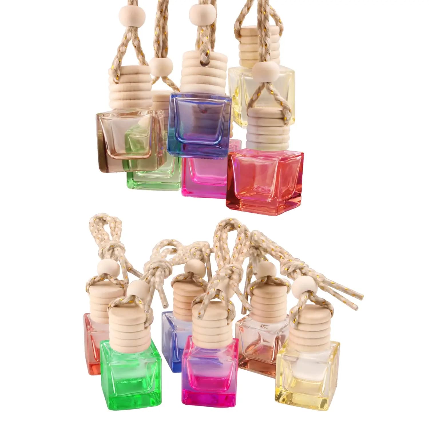 12pcs Colorful Square Glass Hanging Car Air Fresheners With Wooden Cap And Rope Diffuser Pendant Decor