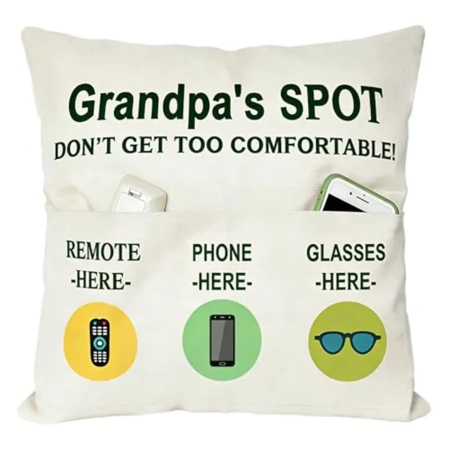 3 Pocket Throw Pillow Cover, 's Spot Couch Organizer Pillowcase for Remote Phone Glasses, Ideal Father's Day Birthday Gift for,