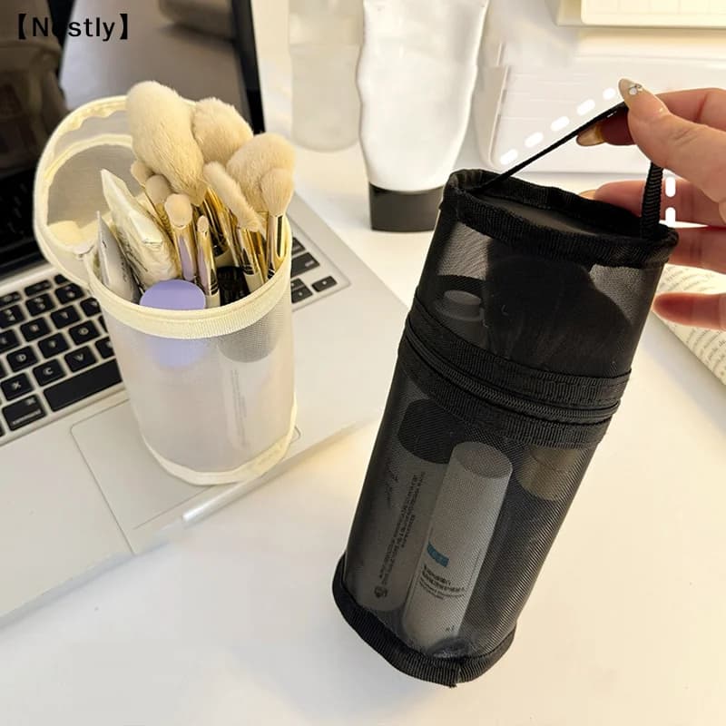 Mesh Dual-use Makeup Brush Storage Bag Portable Brush Case Simple Large Capacity Brush Bucket Holder Travel Stand-up Pouch〔Nest〕