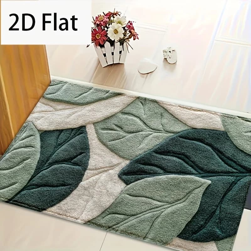 VIKAMA 2D Flat Green Leaf Pattern Floor Mat Bathroom Mat Carpet For Living Room Rug For Bedroom Home Decor Non-Slip Rug Welcome
