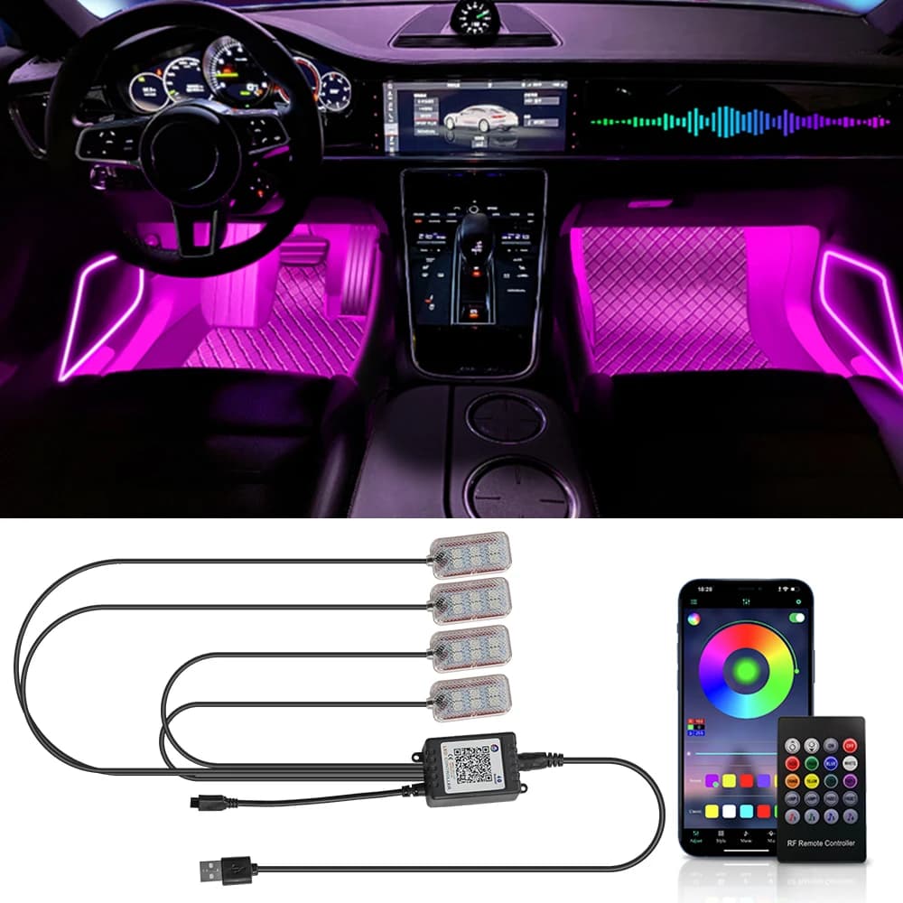 Ambiente per piedi a LED per auto con accendisigari USB retroilluminazione app di controllo musicale luci d'atmosfera decorative per interni auto RGB