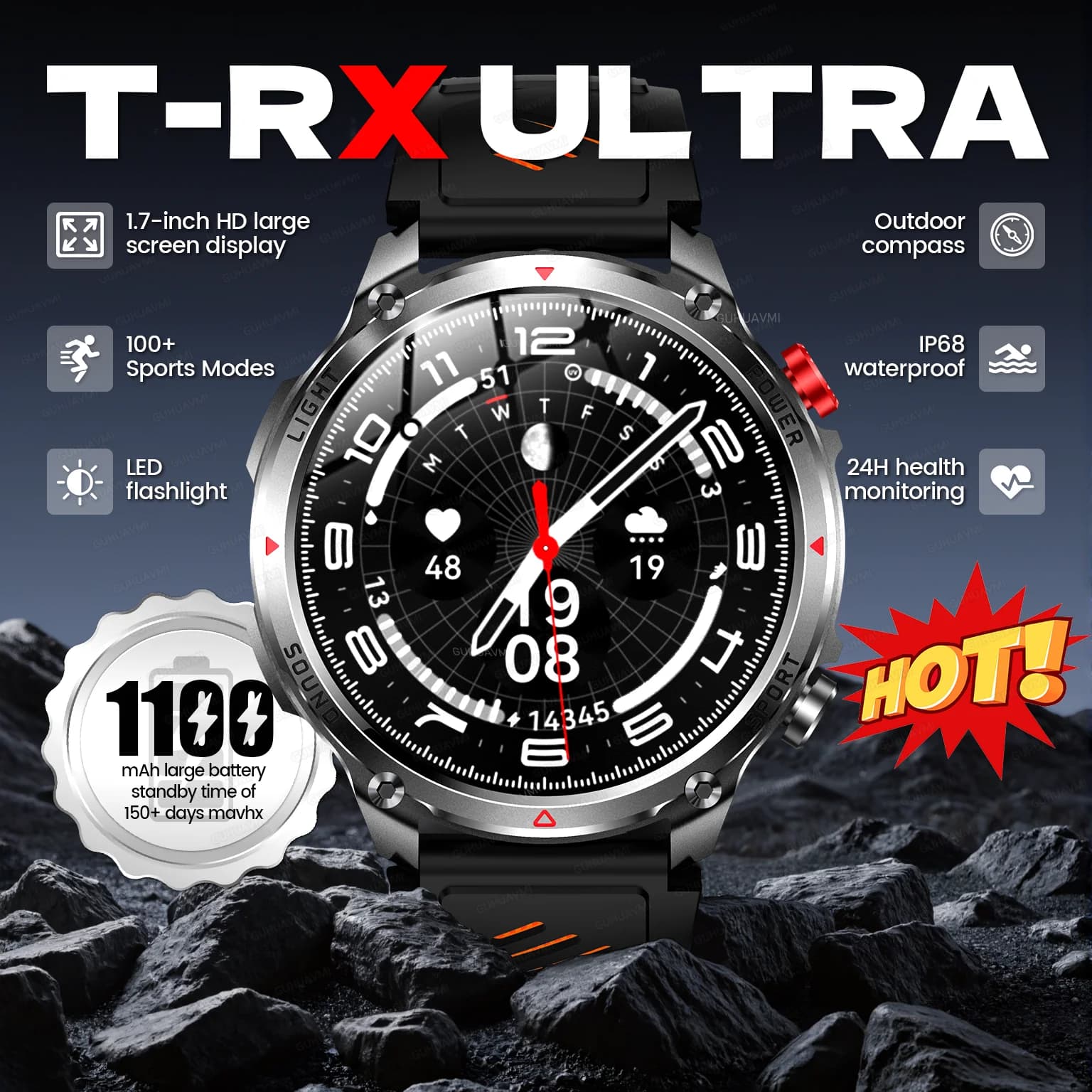 New Men Outdoor Military 1100mAh Large Battery Smart Watch Compass GPS Track IP68 Waterproof LED Flashlight BT Call Smartwatch