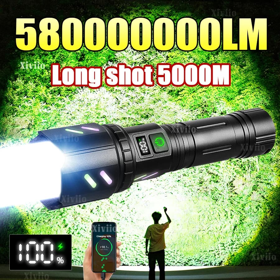 2026 High Power LED Flashlight 5800000LM Strong Light Tactical Torch Light Rechargeable Flashlights 18650 Camping Fishing Lights