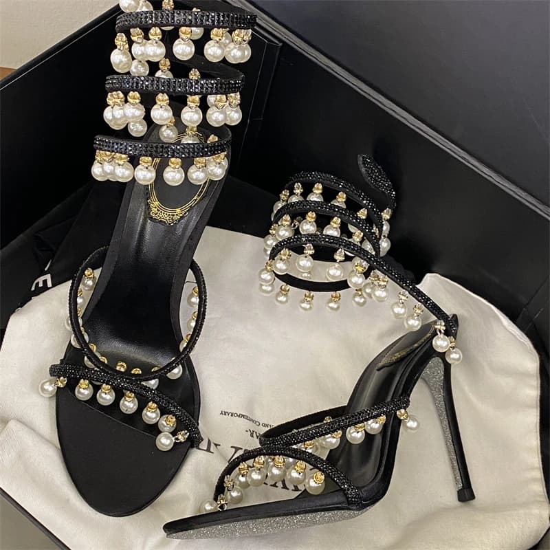 Eilyken Sexy Elegan Crystal Pearl Pendant Ankle Strap Women Sandals Street Style Thin High Heels Carnival Prom Party Shoes