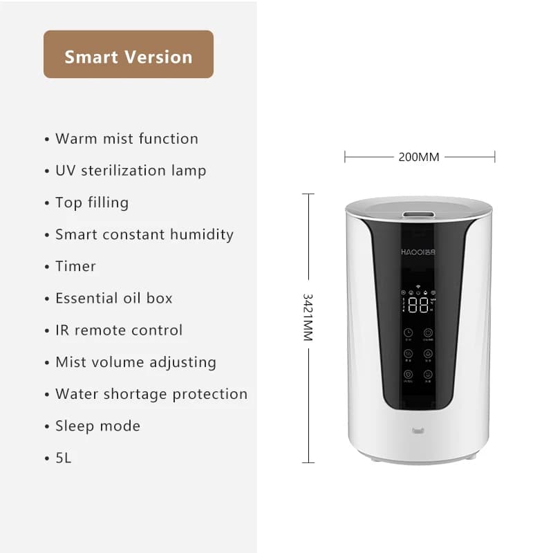 Umidificatore Ultrasonico da Tavolo con Grande Volume di Nebbia 5L 600ml/h, Controllo Remoto, WiFi e App Opzionali, Nuova Testa di Riscaldamento TPC