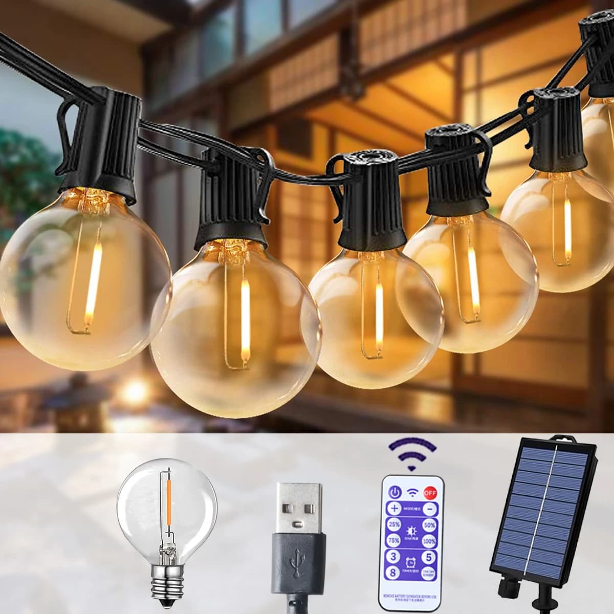 Luci a corda solari G40 per esterni, lampade a LED per patio, luci a corda solari per campeggio, giardino, feste, matrimoni, decorazioni per terrazze