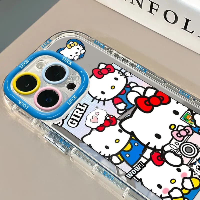 Cover per iPhone 17 Pro Max, 7, 8, 15, 14, 16 Plus, 13, 12, 11 Pro, 16E Air con specchio e foto di Hello Kitty a schermo intero, colore blu, simpatica