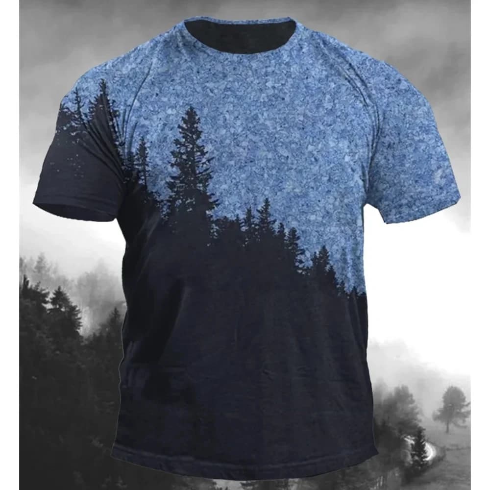 T-shirt stampata da uomo alla moda New Forest Tree Pattern Street Fashion Harajuku girocollo grande e confortevole manica corta