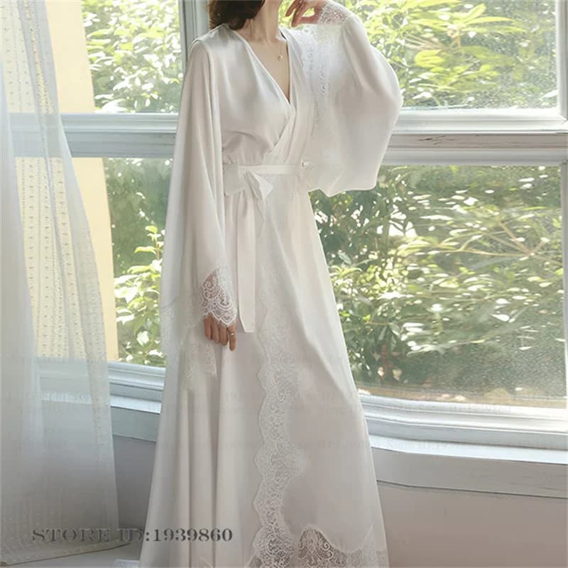 Women's Long Kimono Bathrobe Gown Sexy Lace Bride Wedding Robe Nightgown Elegant French Style Silk Satin Sleepwear Home Dress