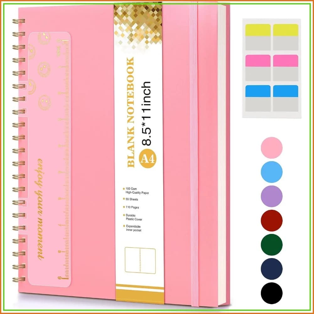 A4 Blank Spiral Notebook 8.5x11, 100 GSM Pink Sketchbook, Plastic Hardcover, 110 Pages for Drawing, Journaling, School & Work