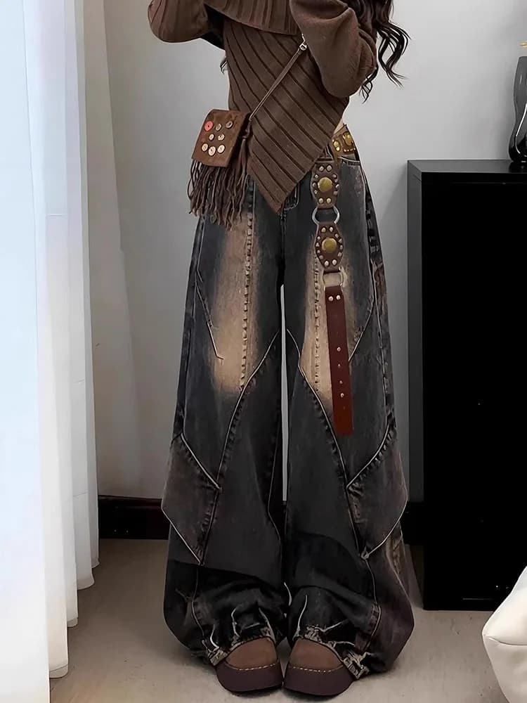 Jeans in Denim a Vita Alta Stile Americano da Donna, Pantaloni Casual a Gamba Larga con Patchwork Sbiadito e Lunghezza Maxi
