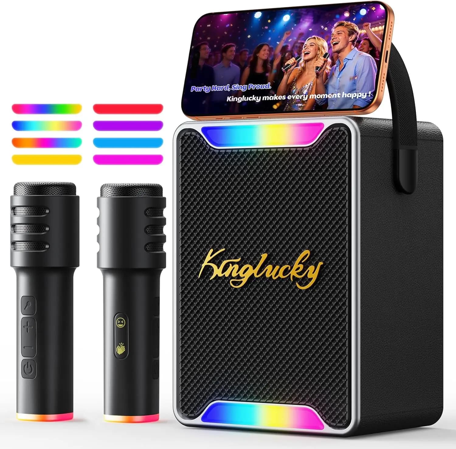 Macchina per Karaoke Portatile con 2 Microfoni Wireless, Bluetooth 6.0, Modificatore di Voce e Luci LED per Intrattenimento Familiare
