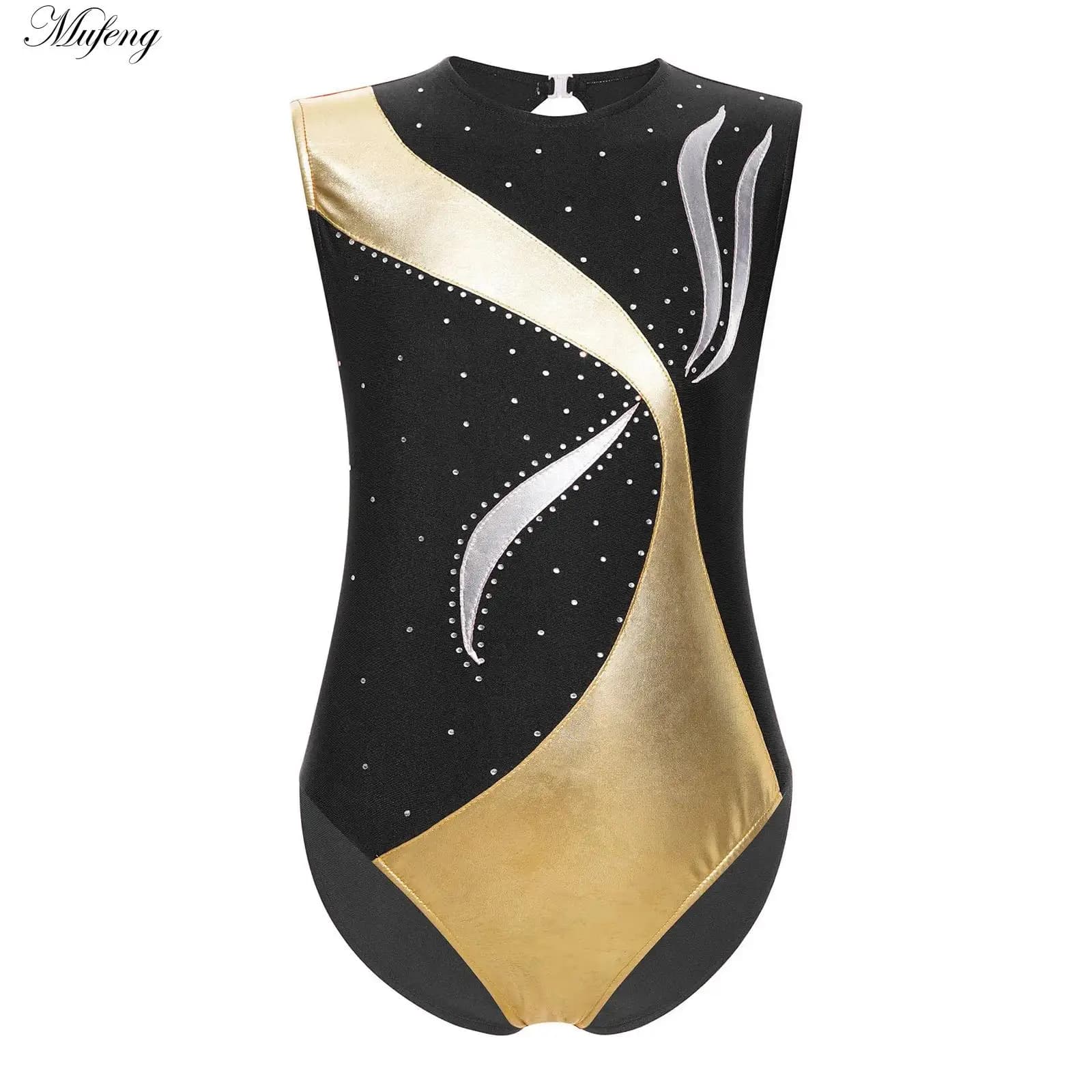 Body da ginnastica per bambina con strass Maglia senza maniche Maglia da balletto Biketard Body Metallico Artistico Pattinaggio di figura Tuta