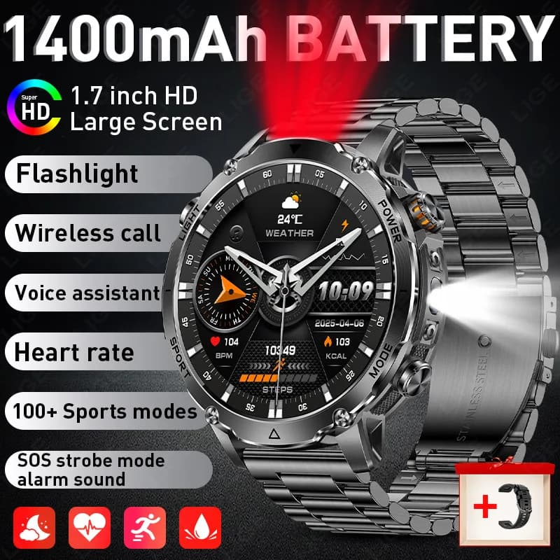 SOS Smart Watch militare 1400mAh IP68 Impermeabile con cardiofrequenzimetro Torcia tattica a LED Bracciale sportivo da uomo Schermo grande da 1,7 pollici Nuovo