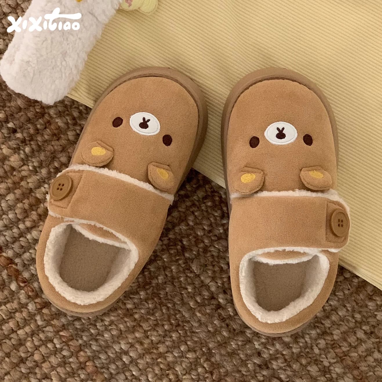 Pantofole in cotone foderate in peluche a forma di orsetto per donna, morbide e comode, con chiusura a strappo, versatili per l'inverno, calzature casual