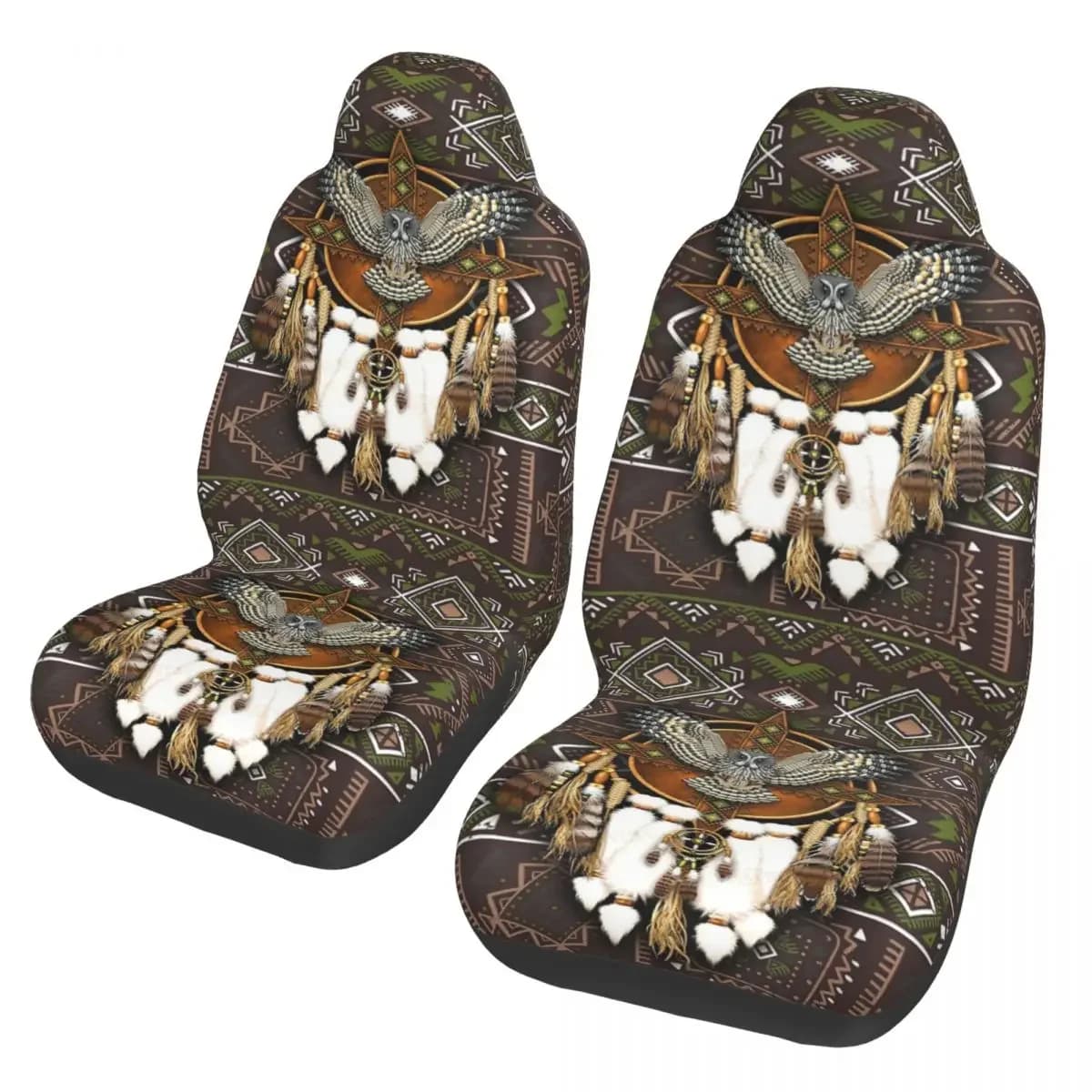 Set of american car seat covers with native mandala owl, 2 pieces, for cars, SUVs, universal protective accessories