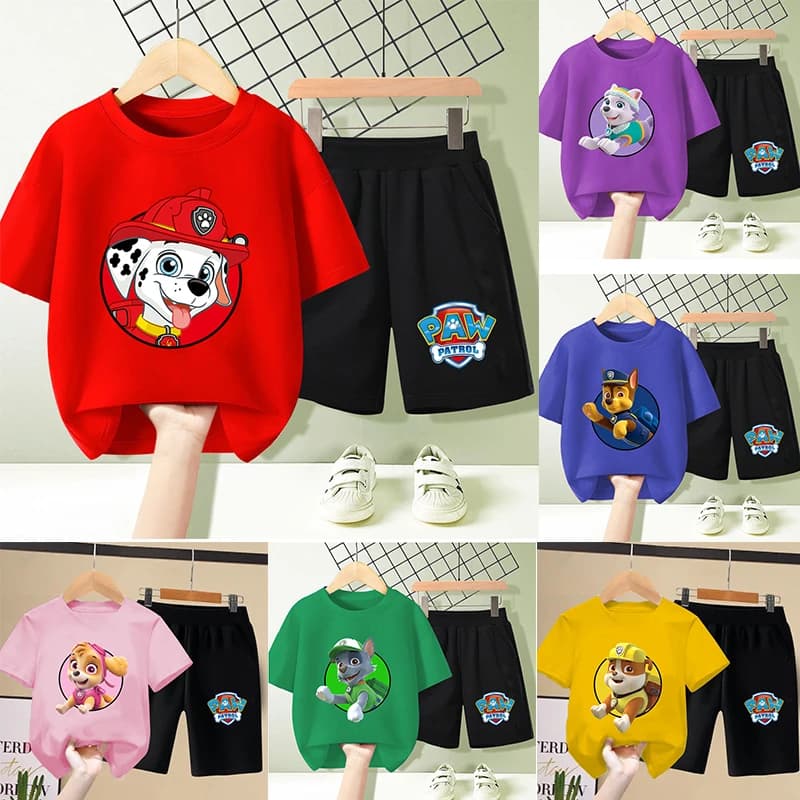 Completo T-shirt e Pantaloncini Paw Patrol - Set Abbigliamento Estivo a Maniche Corte con Pantaloncini, Stile Kawaii, Abbigliamento Sportivo e da Esterno, 2 Pezzi