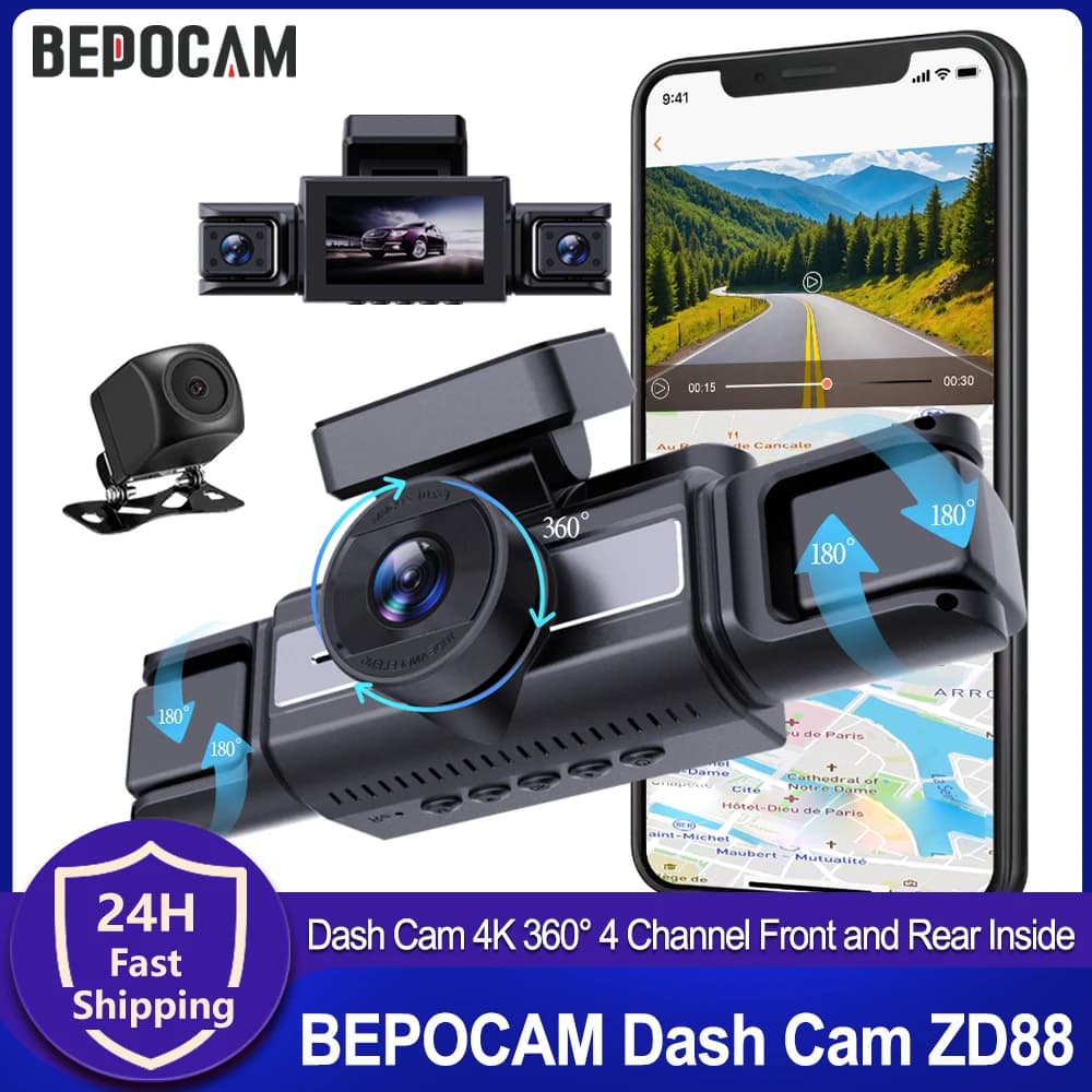 BEPOCAM 4K Dash Cam 4 front and rear channels inside 360 ° Car camera DVR WiFi integrated WDR Night vision 24 hours Parking mode
