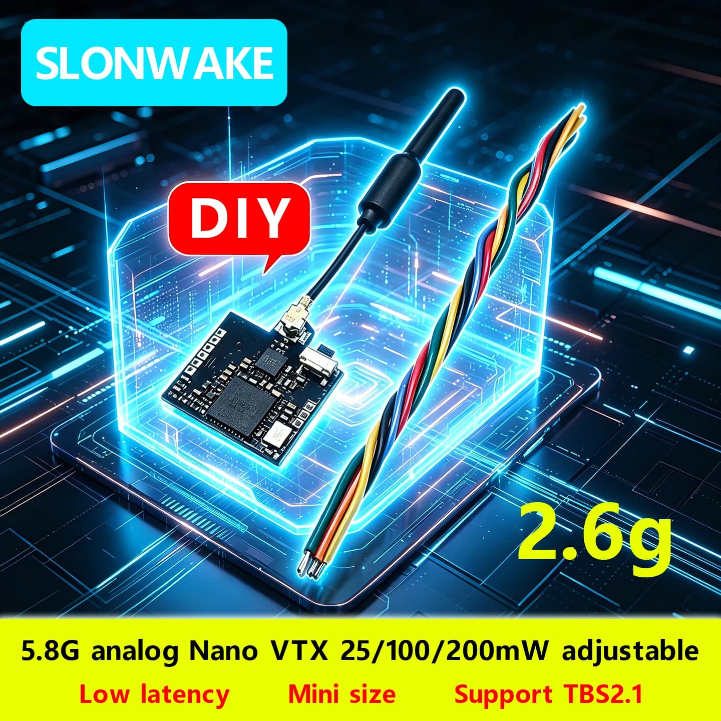 SLONWAKE Nano 5.8G 48CH 200mW Micro VTX con trasmissione OSD e parametri di regolazione, supporto 2.1 per droni FPV RC, aerei e giocattoli fai-da-te