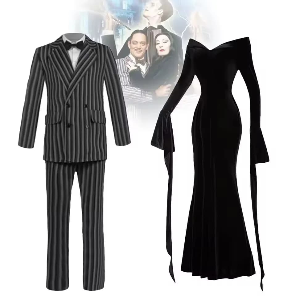 Film Gomez Addams Cosplay Morticia Costume Abito Carnevale di Halloween Vestito Adulto Bambino Cappotto Camicia Pantalone Cravatta Abito Uniforme da festa