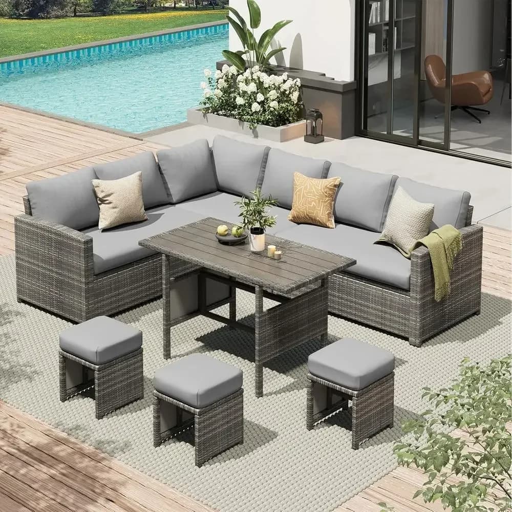 7-Piece All-Weather Rattan Patio Furniture Set: Sectional Dining Table & Chairs with Conversation Sofa, Ottoman, Grey Cushions